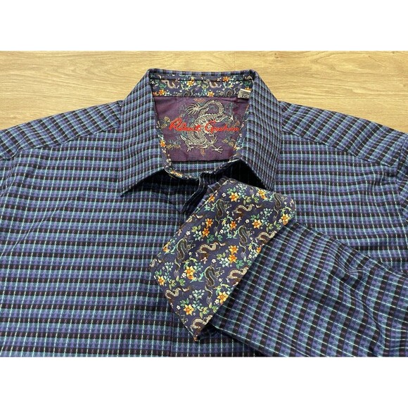 Robert Graham Japanese Dragon Sport Button Up Shirt Men’s XL Blue Purple Plaid - Picture 1 of 10